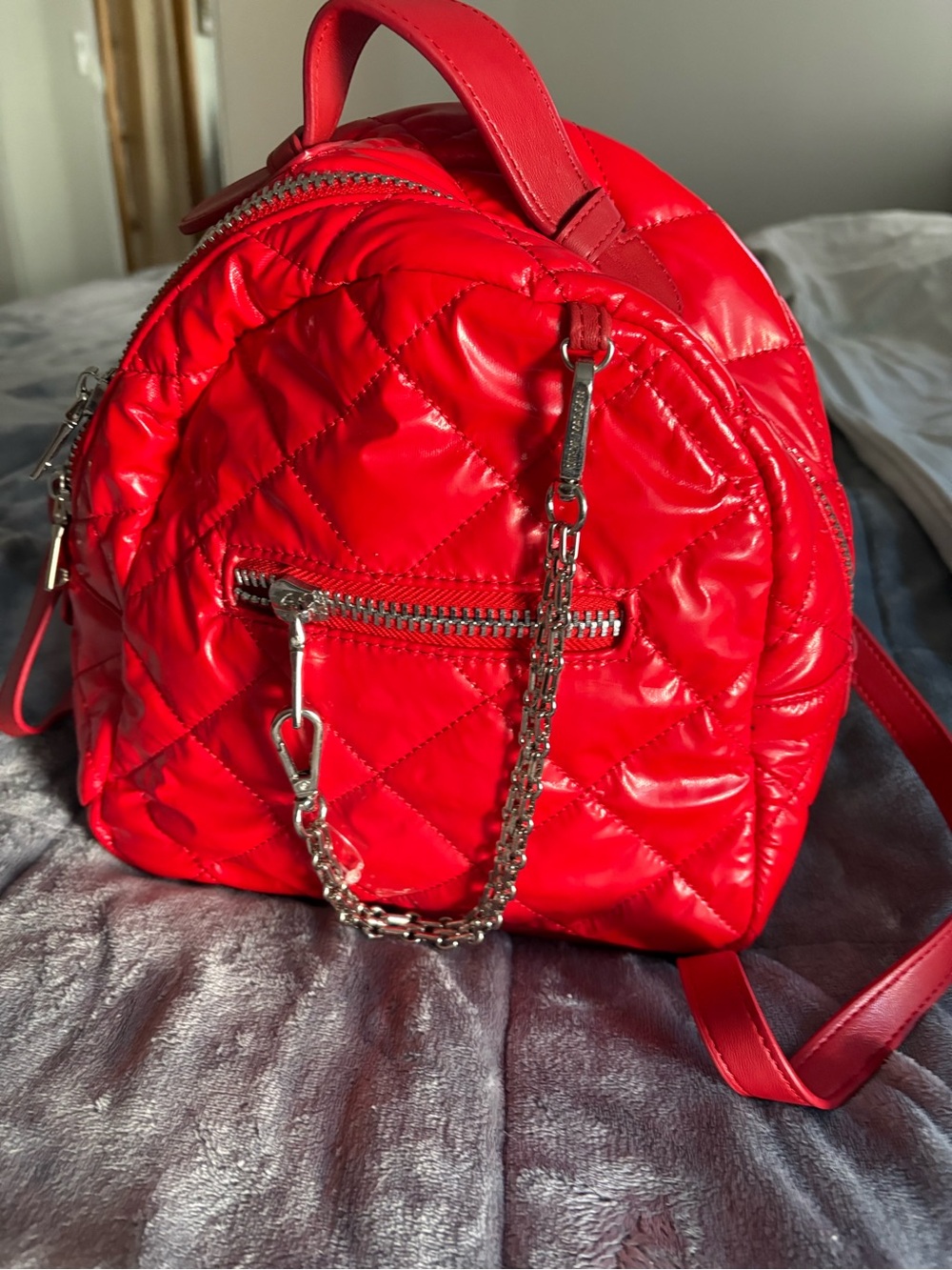 Steve Madden Quilted Red Mini Backpack with Silver Hardware